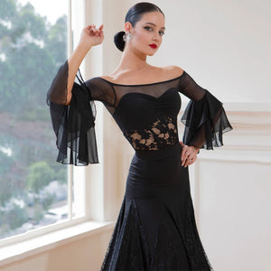 Women's Black Off-Shoulder Lace & Chiffon Ruffled Sleeve Ballroom Dance Dress