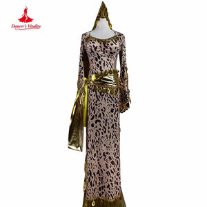 Belly Dance Costume Women's Leopard Print Gold Coin Long Dress with Bell Sleeves and Hip Scarf