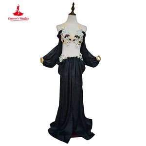 Belly Dance Costume Women Orange Satin Embroidered Crop Top with Bell Sleeves and Long Skirt