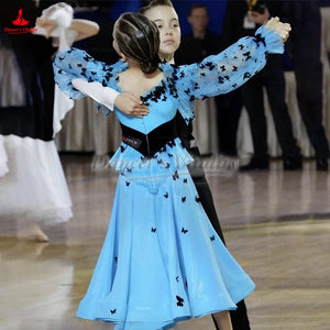 Ballroom Dance Dress Girls Blue Black Butterfly Mesh Long Sleeve Smooth Standard