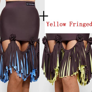 Women's Leopard Print Pink Fringe Latin Dance Dress, Mesh Sleeves