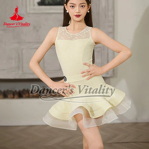 Girls' Light Blue & Light Yellow Lace Sleeveless Ruffle Hem Latin Dance Dress