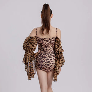 Dance Leotard Women's Leopard Print Off-Shoulder Ruffled Long Sleeve Spandex Latin Dance Bodysuit
