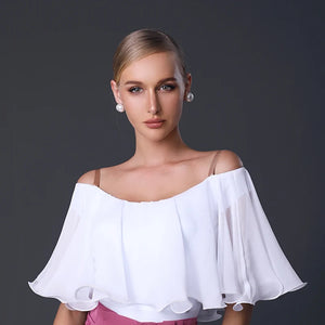 Women's Black Chiffon Off-Shoulder Ruffle Top & Wide-Leg Pants Latin Dancewear Set