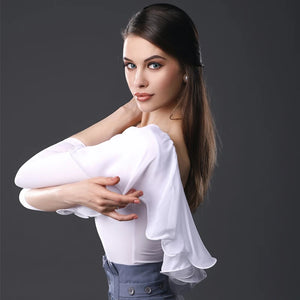 Women's White Ruffled Off-Shoulder Bodysuit with Long Sleeves, Blue High-Waisted Button-Front Pants for Latin Dance