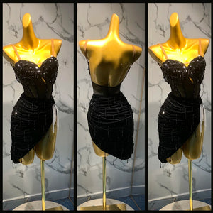 Women's Black Sequin Fringe Velvet Asymmetrical Latin Dance Dress