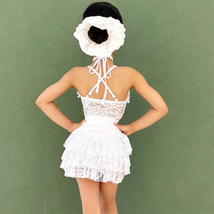 Girls' White Halter Lace Ruffled Latin Dance Dress