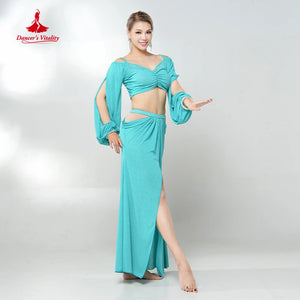 Women's Yellow Chiffon Long Sleeve Crop Top & Slit Skirt Belly Dance Costume