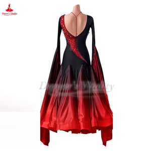 Women's Black and Red Ombre Beaded Long Sleeve Ballroom Dance Dress