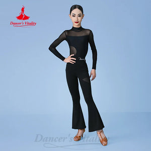 Women's Black Mesh Long Sleeve Mock Neck Leotard with Cutouts and Flared Pants, Latin Dance