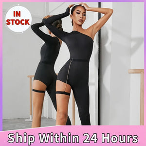 Women's Black One-Shoulder Asymmetrical Bodysuit with Garter Straps, Modern Dance Leotard