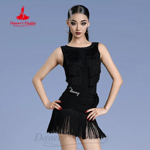 Women's Black Fringe Latin Dance Dress - Sleeveless Round Neck Mini Skirt with Tie Waist