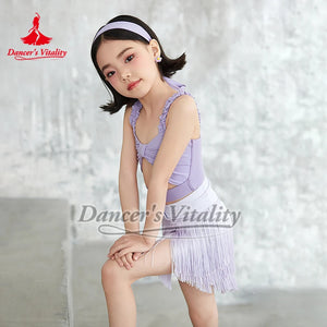 Girls' Light Green Cut-Out Ruffled Crop Top & Fringe Skirt Latin Dance Costume