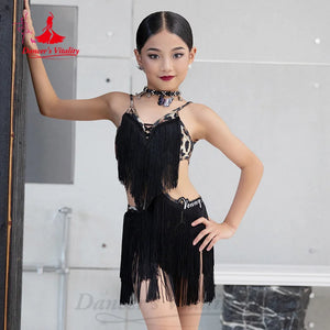 Girls Latin Dance Dress, Neon Green Fringe Cutout Rumba Samba Cha Cha Costume