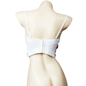 Floral Appliqué Sweetheart Bustier Top for Women, White with Multicolor Fabric Flowers, Strappy, Dancing Apparel