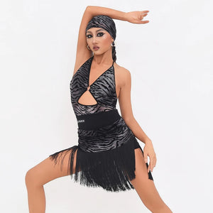 Women's Brown & Black Zebra Print Velvet Fringe Latin Dance Dress