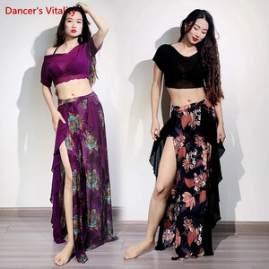 Women's Purple Floral Asymmetrical Skirt and Sheer Crop Top Belly Dance Costume