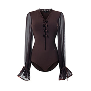 Women's Black and Brown Sheer Sleeve Ruffled Jumpsuit with Velvet Buttons for Latin Dance