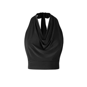 Women's White Halter Neck Draped Cowl Neck High Slit Ruched Maxi Dress for Latin Dance