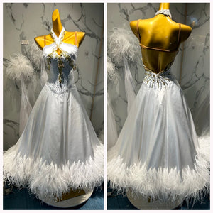 Women's White Gold Embellished Halter Neck Open Back Ballroom Dance Dress with Feather Trim