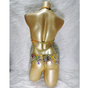 Women's Gold Ombre Sequin Rhinestone Halter Bra & Belt Set, Belly Dance
