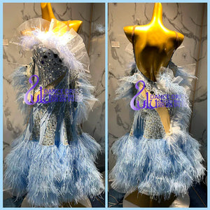 Women's Light Blue Ostrich Feather Rhinestone Latin Rhythm Dance Dress