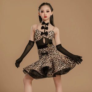 Girls Leopard Print Mesh Latin Dance Dress with Gloves