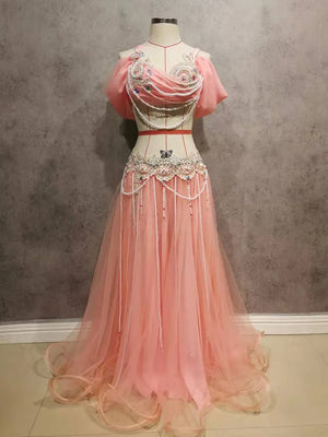 Belly Dance Costume Women's Lavender Chiffon Off-Shoulder Top with Embellished Bra & Long Skirt Set for Performance