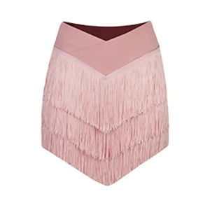 Women's Pink, Brown, Black V-Neck Long Sleeve Crop Top & Fringe Latin Dance Skirt Set