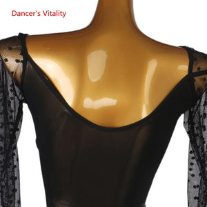 Women's Black Sheer Polka Dot Long Sleeve V-Neck Ballroom Dance Dress