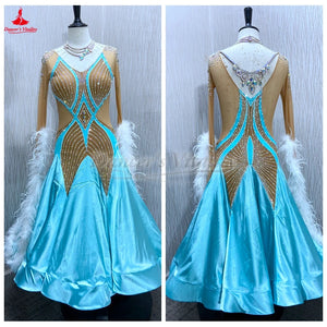 Ballroom Dance Dress Women's Light Blue Mesh Rhinestone Feather Modern Waltz Dance Competition Gown