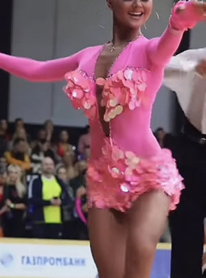 Women's Pink Sequin Deep V-Neck Long Sleeve Latin Dance Dress