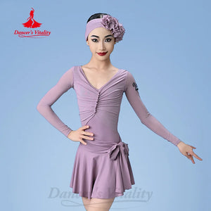 Girls' Lavender Long Sleeve V-Neck Ruched Leotard with Skirt and Headband, Mesh Sleeves, Latin Dance Dress