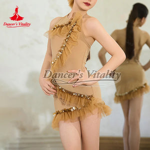 Girls' Black & Beige Sequin Ruffle Halter Neck Latin Dance Dress