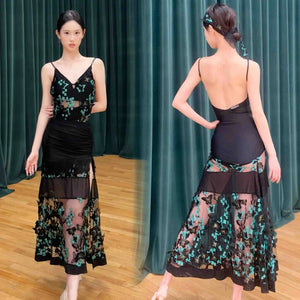 Women's Black Mesh Butterfly Appliqué Ruched Slit Backless Latin Dance Dress