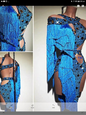 Women's Blue Sequin Fringe Latin Rhythm Dance Dress