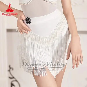 Girls' White & Black Mock Neck Mesh Pearl Latin Dance Dress with Ruffled Skirt