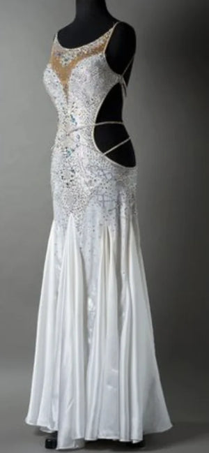 Women's White Embellished Cut-Out Ballroom Dance Dress with Mesh Neckline and Flowing Skirt
