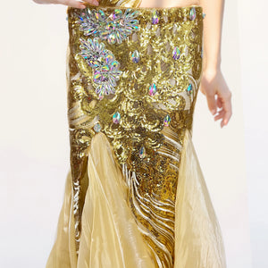 Belly Dance Costume Womens Gold Sequin Halter Top High Slit Skirt Set