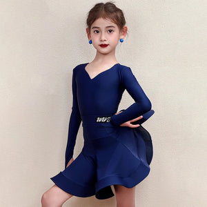 Girls' Pink Long Sleeve V-Neck Ruffled Skirt Latin Dance Dress