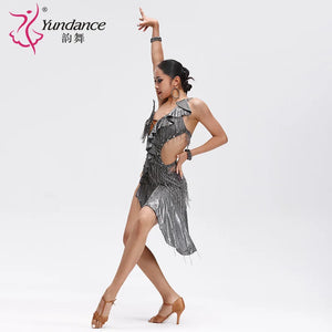 Latin Ballroom Dance Dress With Rhinestones And Tassel Fringe For Adults And Children Competition