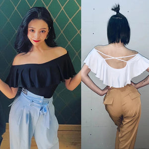 Women's Black & White Off-Shoulder Ruffle Latin Dance Top with Crisscross Back