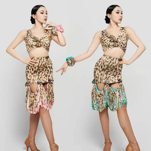 Women's Leopard Print Pink Fringe Latin Dance Dress, Mesh Sleeves