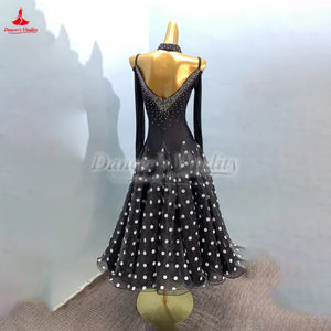 Women's Standard Ballroom Practice Dress With Polka Dot Big Swing Skirt Black For Waltz Foxtrot Tango