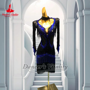 Latin Dance Dress Women's Black and Blue Beaded Fringe Backless Rhinestone Salsa Rumba Cha Cha Costume
