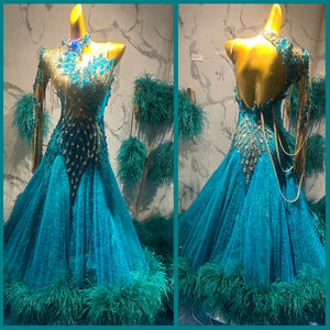 Women's Teal & Gold Beaded Feather Ballroom Dance Dress