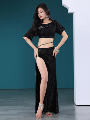 Women's Pink Sequin Embellished Crop Top & Side Slit Skirt Set, Belly Dance Costume