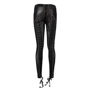 Black Mesh Lace-Up Pants with Gold Eyelet Details