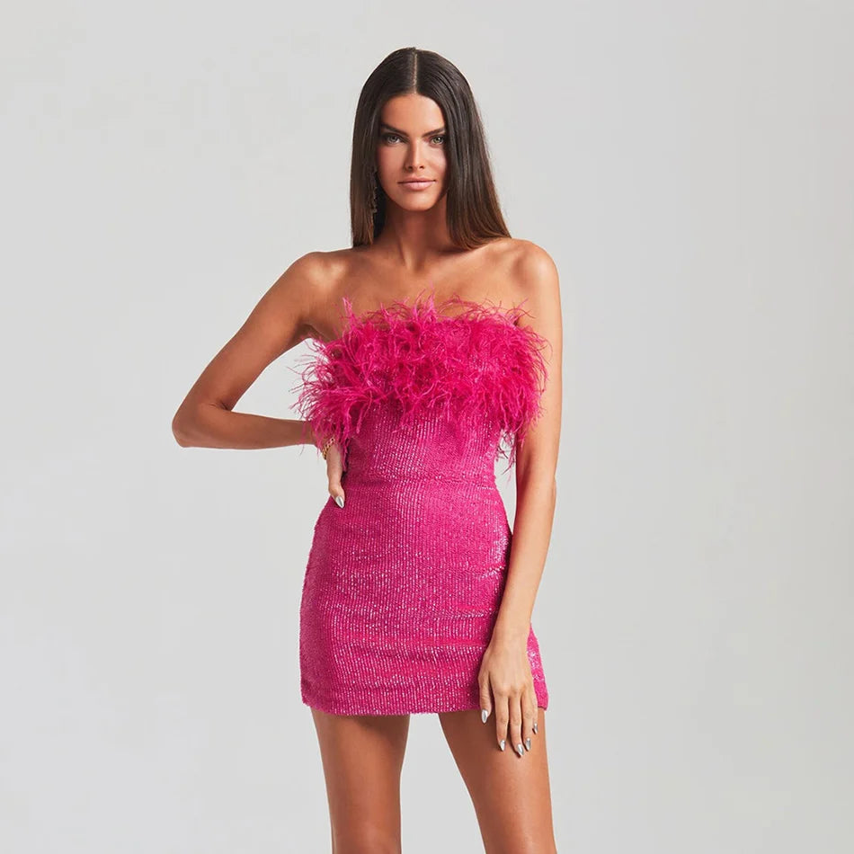 Pink Sequined Strapless Mini Dress with Ostrich Feather Trim for Birthday Party and Clubwear