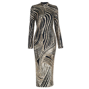 Gold Sequin Geometric V-Neck Maxi Dress with Long Sleeves and Mesh Detail